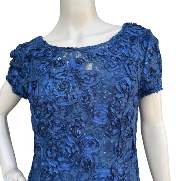 Alex Evenings Navy Blue Formal Gown 8 Textured Floral Short Sleeve Maxi Dress - Picture 2 of 7